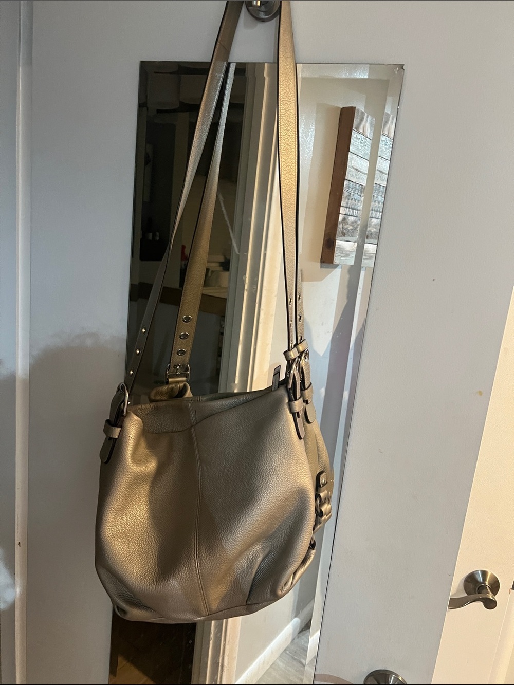 Classic silver Gray Leather Coach Shoulder Bag